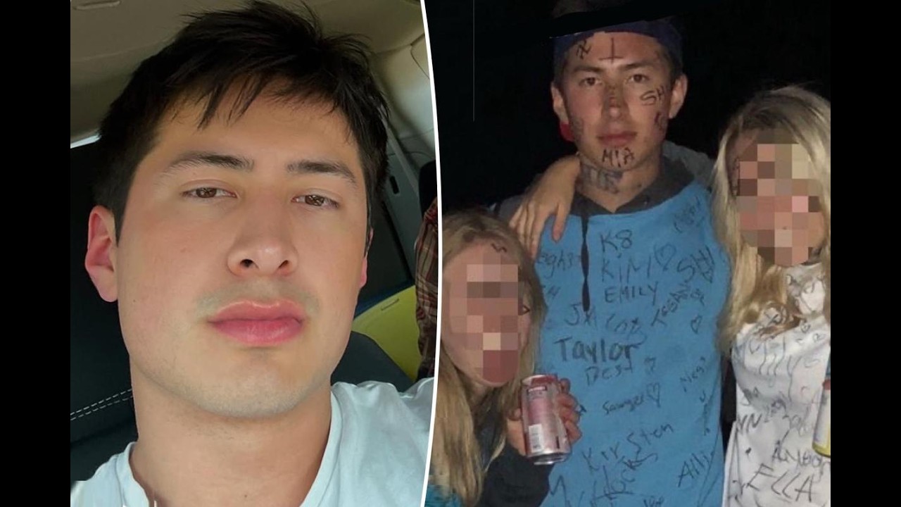 Two-panel image: left shows a close-up of a young man in a car; right shows the same man wearing a blue jumpsuit with writing, flanked by two women with pixelated faces at night.