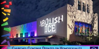 Nighttime church exterior with rainbow lighting and the graffiti 'ABOLISH ICE' on the wall, plus a banner about church debates on sexuality, abortion, and immigration.