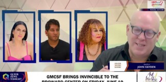 TV talk-show scene with four panels: three framed guest portraits on the left and a host speaking on the right; lower-third banners display 'Anchor John Hayden' and event info.