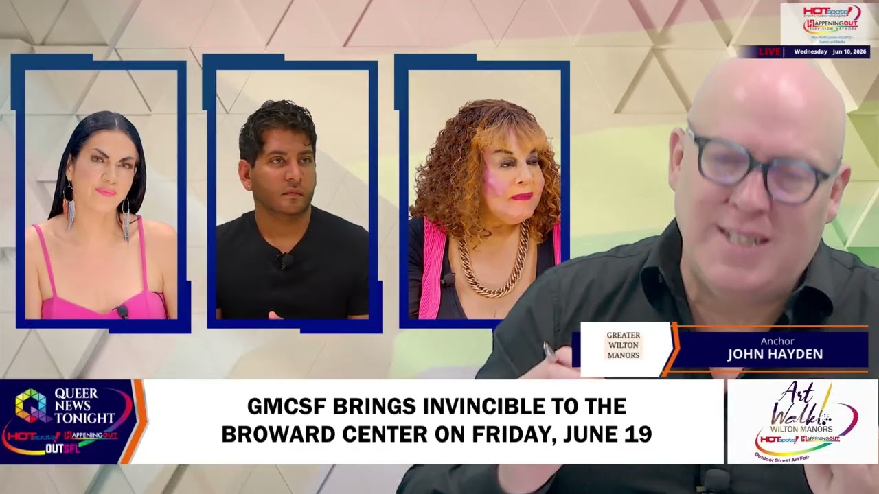 TV talk-show scene with four panels: three framed guest portraits on the left and a host speaking on the right; lower-third banners display 'Anchor John Hayden' and event info.