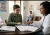 A clinician in a white coat speaks with a young adult at a round table, with a transgender flag and care brochures nearby, in a clinic setting.