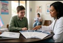 A clinician in a white coat speaks with a young adult at a round table, with a transgender flag and care brochures nearby, in a clinic setting.