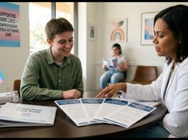 A clinician in a white coat speaks with a young adult at a round table, with a transgender flag and care brochures nearby, in a clinic setting.