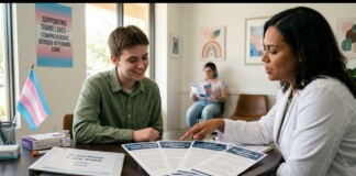 A clinician in a white coat speaks with a young adult at a round table, with a transgender flag and care brochures nearby, in a clinic setting.