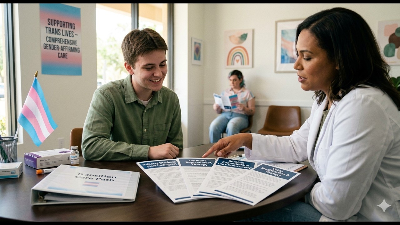 A clinician in a white coat speaks with a young adult at a round table, with a transgender flag and care brochures nearby, in a clinic setting.