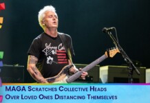 MAGA Scratches Collective Heads Over Loved Ones Distancing Themselves Male guitarist with bleached hair and tattoos, playing a Fender Strat on a dim stage; colorful left decorations and a blue banner with text at bottom.