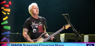 Male guitarist with bleached hair and tattoos, playing a Fender Strat on a dim stage; colorful left decorations and a blue banner with text at bottom.