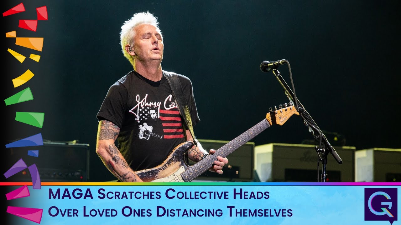 Male guitarist with bleached hair and tattoos, playing a Fender Strat on a dim stage; colorful left decorations and a blue banner with text at bottom.