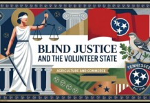 Poster titled 'BLIND JUSTICE AND THE VOLUNTEER STATE' featuring Lady Justice with scales and sword beside columns, Tennessee emblems and a bird.
