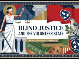 Poster titled 'BLIND JUSTICE AND THE VOLUNTEER STATE' featuring Lady Justice with scales and sword beside columns, Tennessee emblems and a bird.