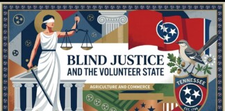 Poster titled 'BLIND JUSTICE AND THE VOLUNTEER STATE' featuring Lady Justice with scales and sword beside columns, Tennessee emblems and a bird.