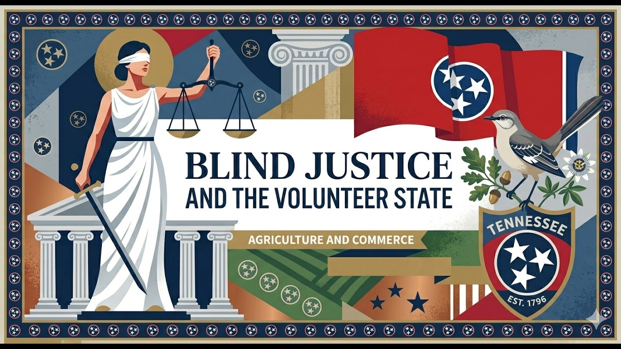 Poster titled 'BLIND JUSTICE AND THE VOLUNTEER STATE' featuring Lady Justice with scales and sword beside columns, Tennessee emblems and a bird.