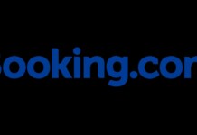 Booking.com brand logo in blue on a black background.