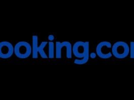 Booking.com brand logo in blue on a black background.