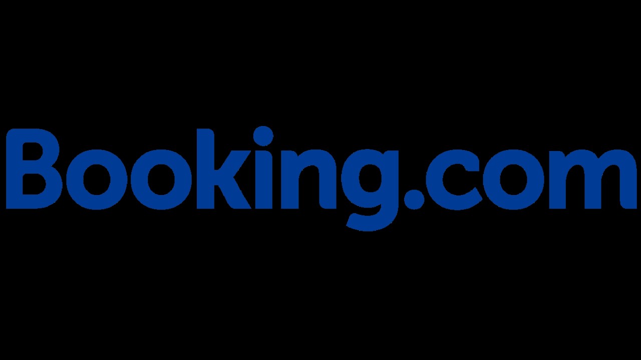 Booking.com brand logo in blue on a black background.