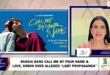 Split-screen news graphic: Call Me By Your Name poster on the left, female anchor on the right; headline about Russia banning Call Me By Your Name and Love, Simon over LGBT propaganda.