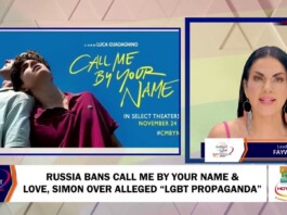 Split-screen news graphic: Call Me By Your Name poster on the left, female anchor on the right; headline about Russia banning Call Me By Your Name and Love, Simon over LGBT propaganda.