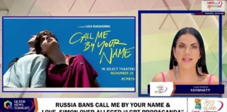 Split-screen news graphic: Call Me By Your Name poster on the left, female anchor on the right; headline about Russia banning Call Me By Your Name and Love, Simon over LGBT propaganda.