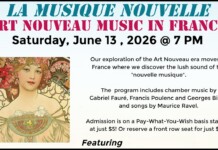 Poster advertising La Musique Nouvelle—Art Nouveau music in France, with a floral Art Nouveau portrait of a woman