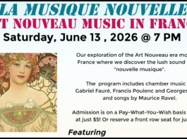 Poster advertising La Musique Nouvelle—Art Nouveau music in France, with a floral Art Nouveau portrait of a woman