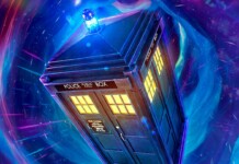 The TARDIS—a blue police box—travels through a swirling neon vortex.