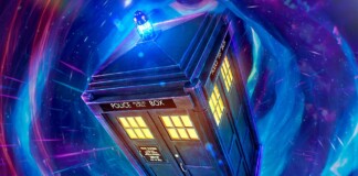 The TARDIS—a blue police box—travels through a swirling neon vortex.