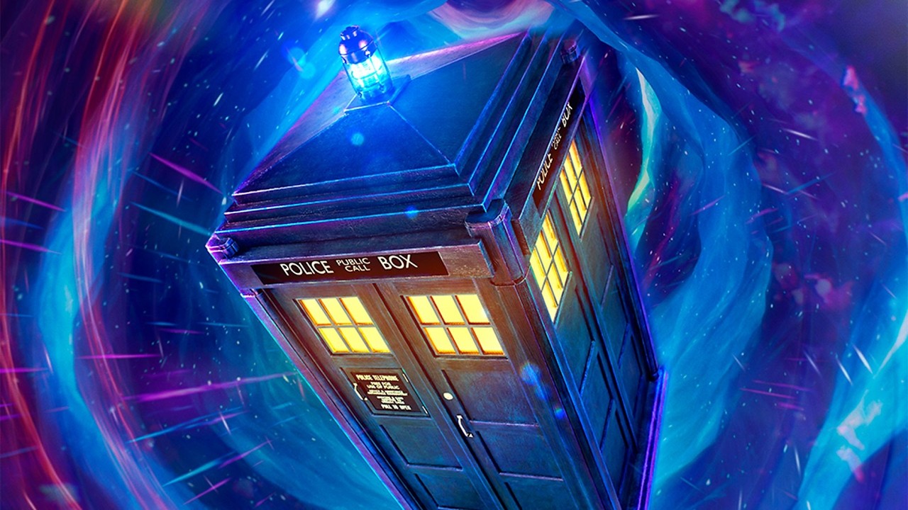 The TARDIS—a blue police box—travels through a swirling neon vortex.