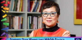 Smiling woman in an orange outfit and blue glasses stands beside a banner headline about MAGA politics distracting from the Gospel mission.