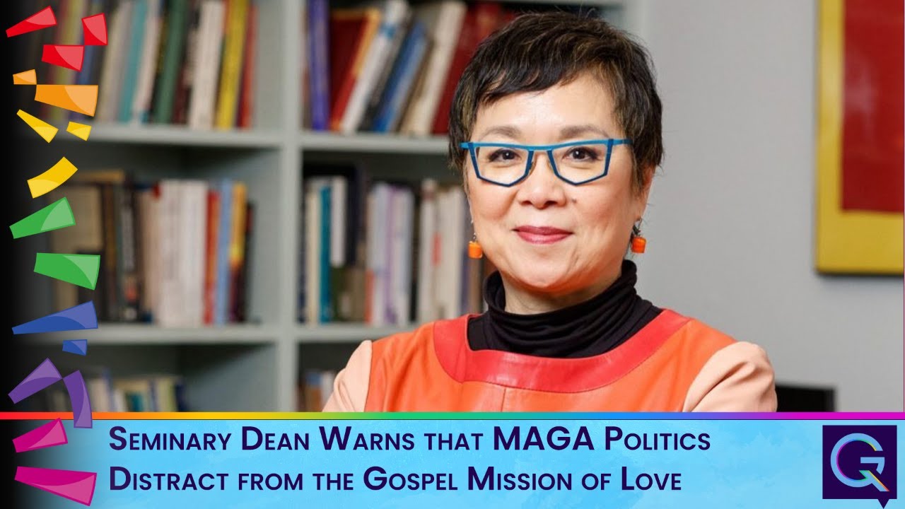Smiling woman in an orange outfit and blue glasses stands beside a banner headline about MAGA politics distracting from the Gospel mission.