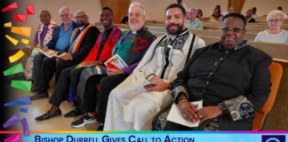 Group of diverse clergy seated in a church for an interfaith pride service, banner at bottom reads 'Bishop Durrell Gives Call to Action at Interfaith Pride Service'