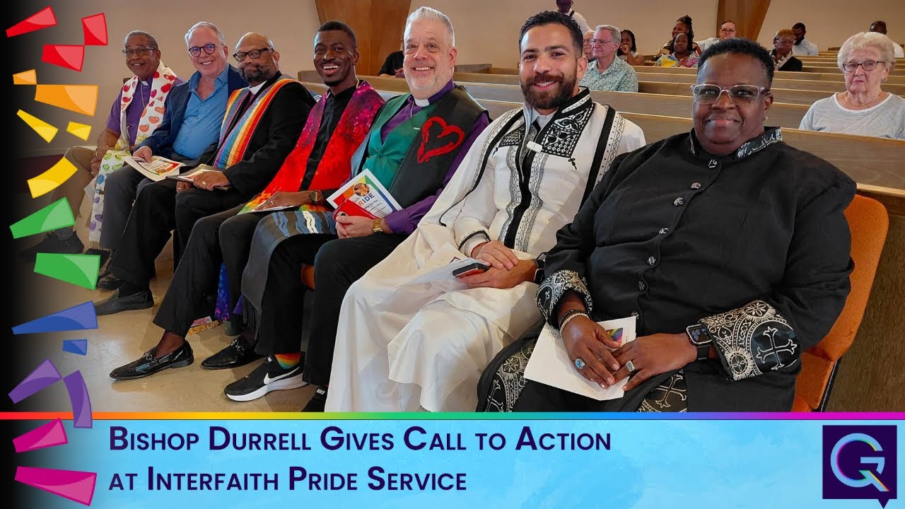 Group of diverse clergy seated in a church for an interfaith pride service, banner at bottom reads 'Bishop Durrell Gives Call to Action at Interfaith Pride Service'