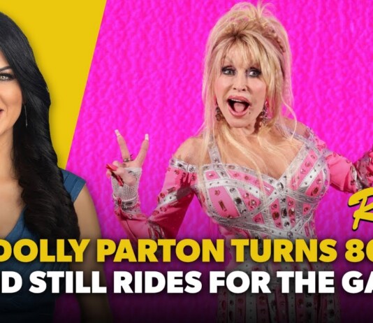 Thumbnail with two women: left in blue smiling on a yellow background, right in a pink sequined outfit against a pink backdrop; large caption reads 'DOLLY PARTON TURNS 80 AND STILL RIDES FOR THE GAYS Remix'