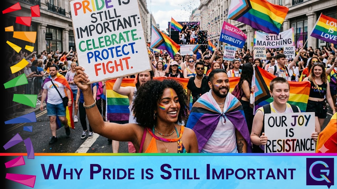 Crowd at a Pride march holding colorful signs and rainbow flags, with a banner reading 'Why Pride Is Still Important'.