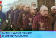 Video thumbnail: line of bald men in brown striped uniforms, with a rainbow border and caption 'Fascism Is Always the Enemy of LGBTQ+ Communities'.