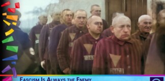 Video thumbnail: line of bald men in brown striped uniforms, with a rainbow border and caption 'Fascism Is Always the Enemy of LGBTQ+ Communities'.