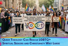 Diverse crowd marching in a Pride parade, holding a large banner that reads 'Queer Theology Transcends Transcends Binaries: Divine Love Is Without Boundaries' with rainbow symbols, surrounded by supporters and flags. A blue caption bar at the bottom states 'Queer Theology Can Rescue LGBTQ+ Spiritual Seekers and Christianity Writ Large.'