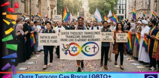 Diverse crowd marching in a Pride parade, holding a large banner that reads 'Queer Theology Transcends Transcends Binaries: Divine Love Is Without Boundaries' with rainbow symbols, surrounded by supporters and flags. A blue caption bar at the bottom states 'Queer Theology Can Rescue LGBTQ+ Spiritual Seekers and Christianity Writ Large.'