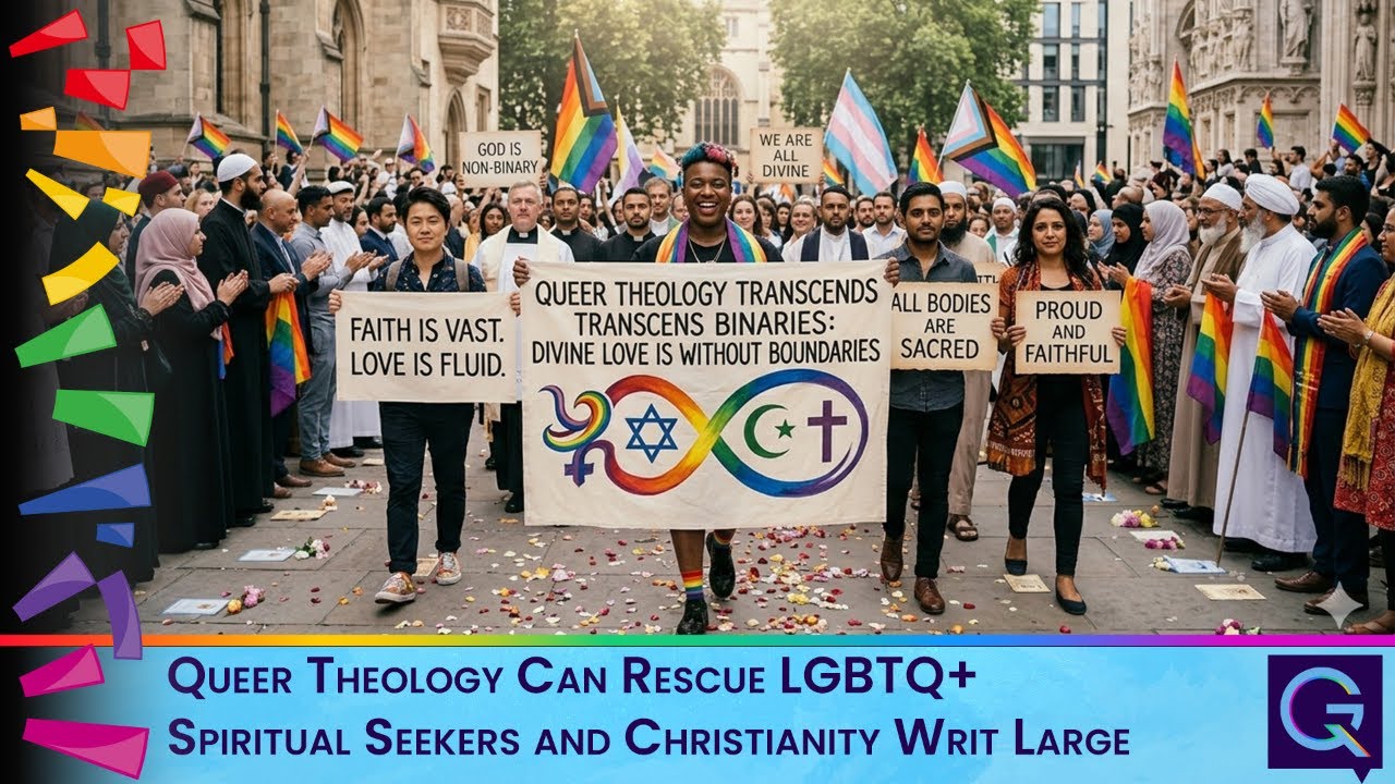 Diverse crowd marching in a Pride parade, holding a large banner that reads 'Queer Theology Transcends Transcends Binaries: Divine Love Is Without Boundaries' with rainbow symbols, surrounded by supporters and flags. A blue caption bar at the bottom states 'Queer Theology Can Rescue LGBTQ+ Spiritual Seekers and Christianity Writ Large.'