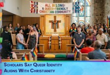 Diverse congregation in a church worship space celebrating queer-friendly Christianity with a rainbow cross and banner reading 'All Belong'.