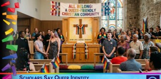 Diverse congregation in a church worship space celebrating queer-friendly Christianity with a rainbow cross and banner reading 'All Belong'.