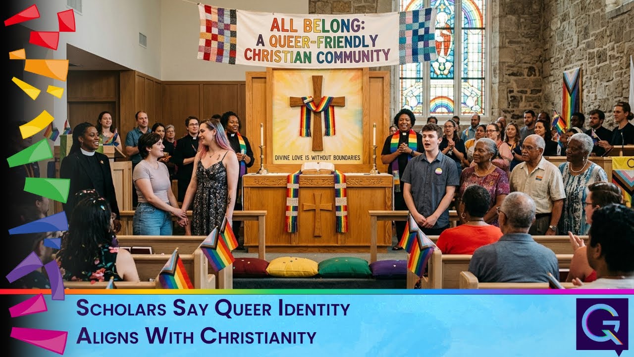 Diverse congregation in a church worship space celebrating queer-friendly Christianity with a rainbow cross and banner reading 'All Belong'.