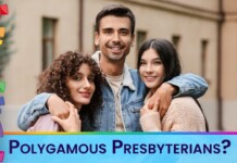 Three smiling friends with arms around each other pose for a photo; a colorful border and the video thumbnail text 'Polygamous Presbyterians?' appear at the bottom.