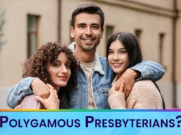 Three smiling friends with arms around each other pose for a photo; a colorful border and the video thumbnail text 'Polygamous Presbyterians?' appear at the bottom.