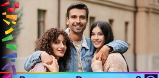 Three smiling friends with arms around each other pose for a photo; a colorful border and the video thumbnail text 'Polygamous Presbyterians?' appear at the bottom.