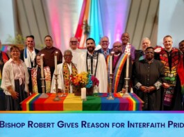 Group of diverse clergy around a rainbow altar at an interfaith Pride ceremony, banner below reads 'Bishop Robert Gives Reason for Interfaith Pride'.