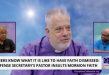 Main speaker in a purple clerical shirt sits center, with two inset portraits of other men on left and right; a blue sky background and a bold headline banner read, 'QUEERS KNOW WHAT IT IS LIKE TO HAVE FAITH DISMISSED: DEFENSE SECRETARY'S PASTOR INSULTS MORMON FAITH,' plus a Sunshine Cathedral logo.