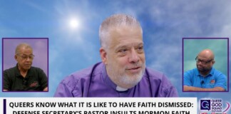 Main speaker in a purple clerical shirt sits center, with two inset portraits of other men on left and right; a blue sky background and a bold headline banner read, 'QUEERS KNOW WHAT IT IS LIKE TO HAVE FAITH DISMISSED: DEFENSE SECRETARY'S PASTOR INSULTS MORMON FAITH,' plus a Sunshine Cathedral logo.