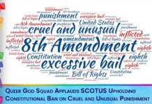 Colorful word cloud centered on 'cruel and unusual punishment' and '8th Amendment,' with a lower banner praising SCOTUS for upholding the ban on cruel punishment.