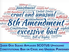 Colorful word cloud centered on 'cruel and unusual punishment' and '8th Amendment,' with a lower banner praising SCOTUS for upholding the ban on cruel punishment.