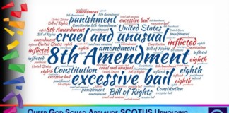 Colorful word cloud centered on 'cruel and unusual punishment' and '8th Amendment,' with a lower banner praising SCOTUS for upholding the ban on cruel punishment.